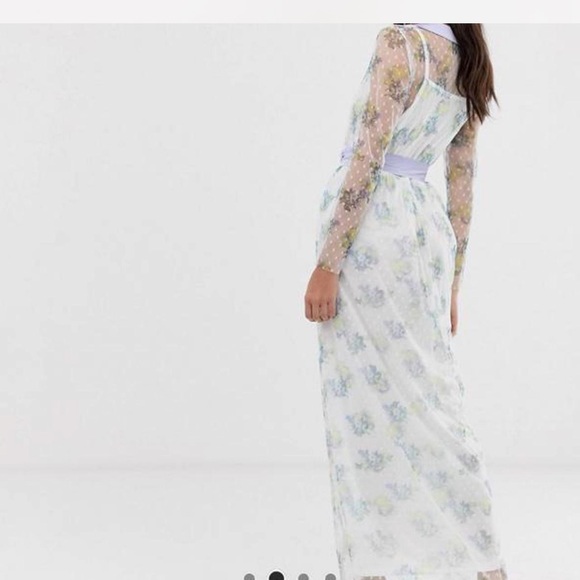 DUSTY DAZE lace plunge midi dress with lavender waist belt - Picture 2 of 4